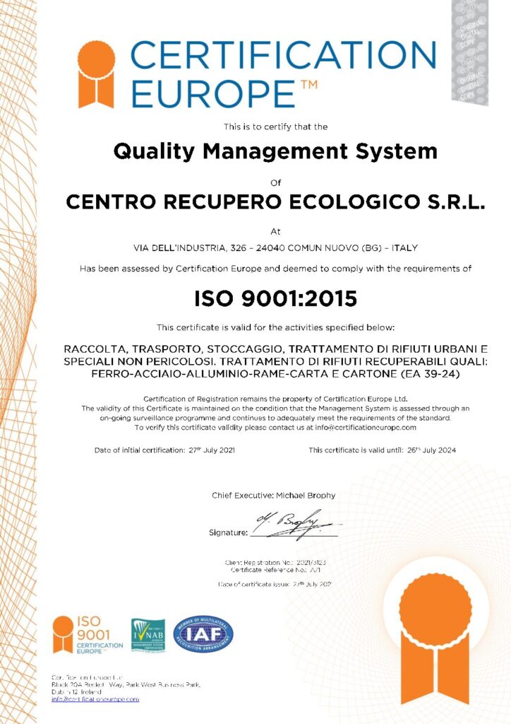Certificazioni e autorizzazioni ISO 9001:2015