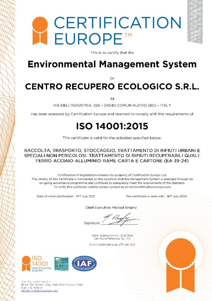 Certificazioni e autorizzazioni ISO 14001:2015