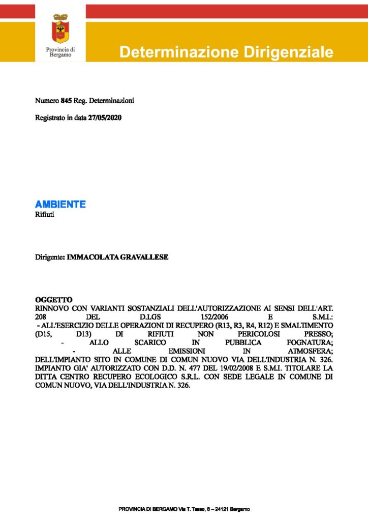 Certificazioni e autorizzazioni DETERMINA DIRIGENZIALE 845 DEL 27.05.2020