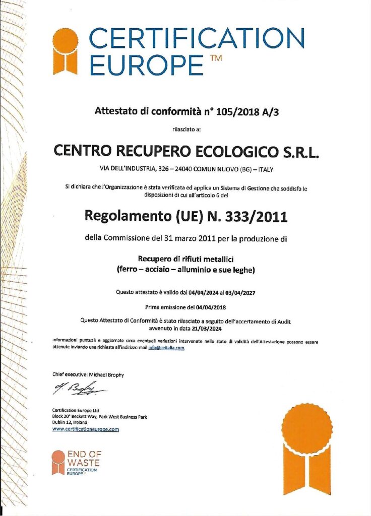 Certificazioni e autorizzazioni REGOLAMENTO N.333/2011